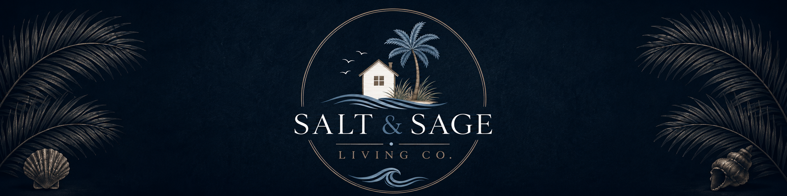 Salt and Sage Living Co. coastal logo banner with palm fronds and seashells