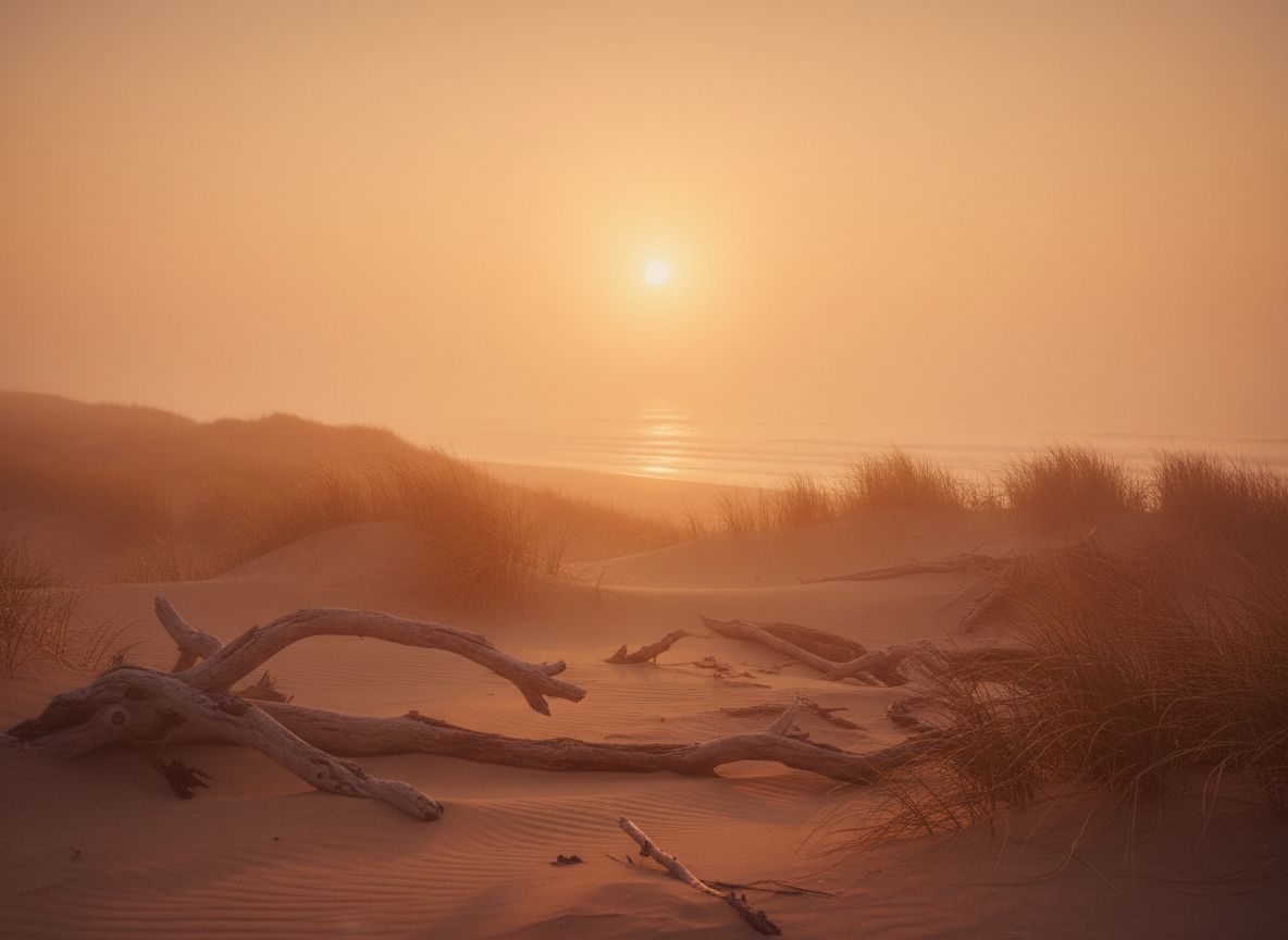 Warm moody coastal landscape, golden hour light washing over weathered driftwood and sandy dunes, soft amber and terracotta tones with sea grass swaying, hazy sun low on the horizon, cinematic and atmospheric, warm foggy coastal aesthetic